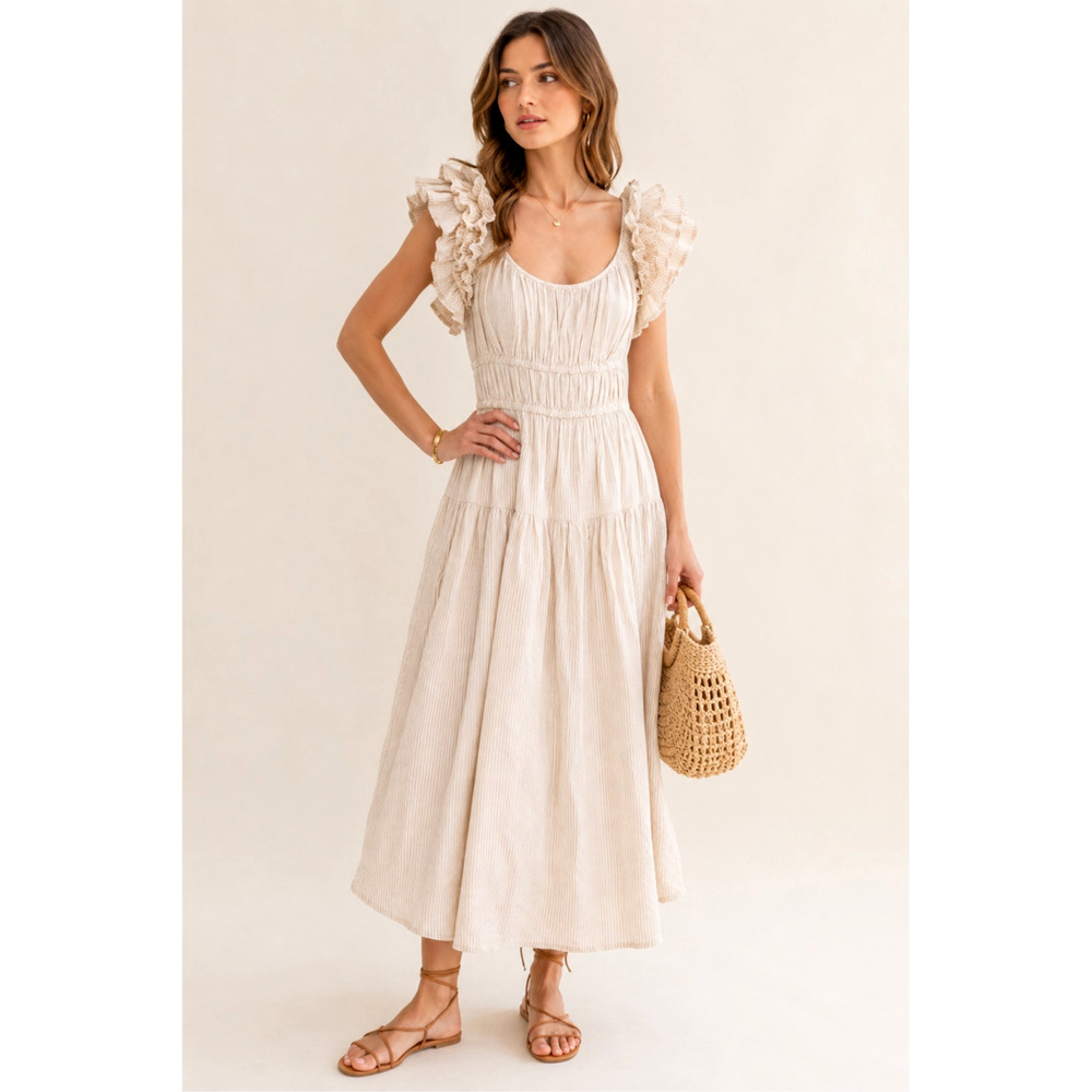 Ulla Johnson 8 Linen Rissa Midi Dress $525 Ruffle Puff Sleeve Smocked Waist Tan - Picture 4 of 11